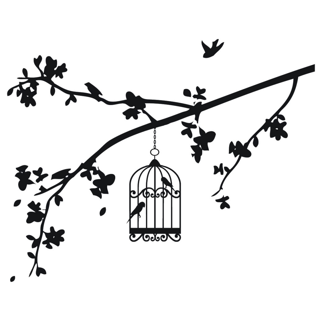 1024x1024 Black And White Drawings Of Bird, Birdcage And Branches Vinyl