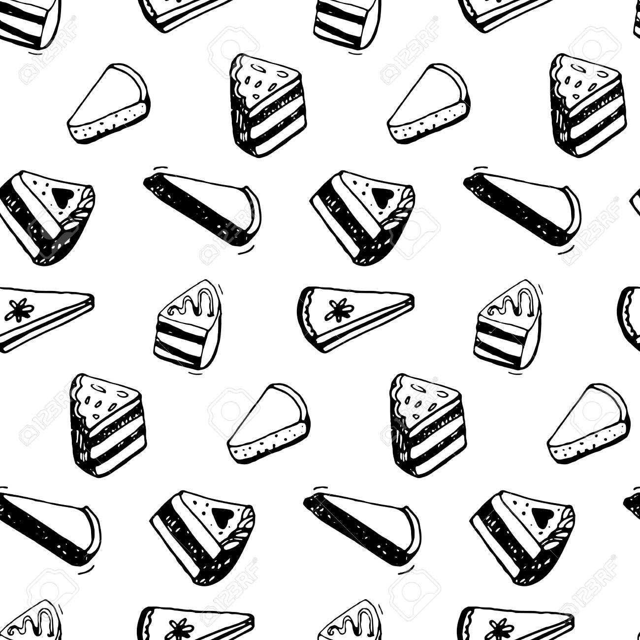1300x1300 Piece Of Cake Pattern. Black Ink Sketch Drawing Of Desserts