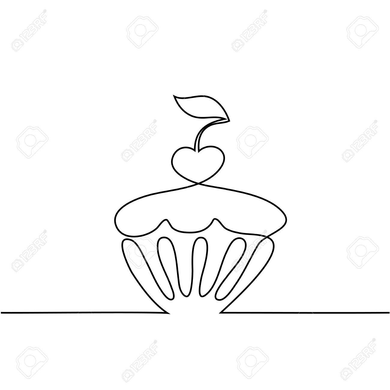 1300x1299 Cup Cake With Cherry. Continuous Line Drawing Design Vector