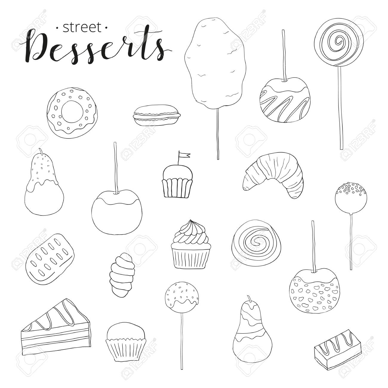 1300x1300 Collection Of Hand Drawn Desserts. Cotton Candy, Caramel Apple