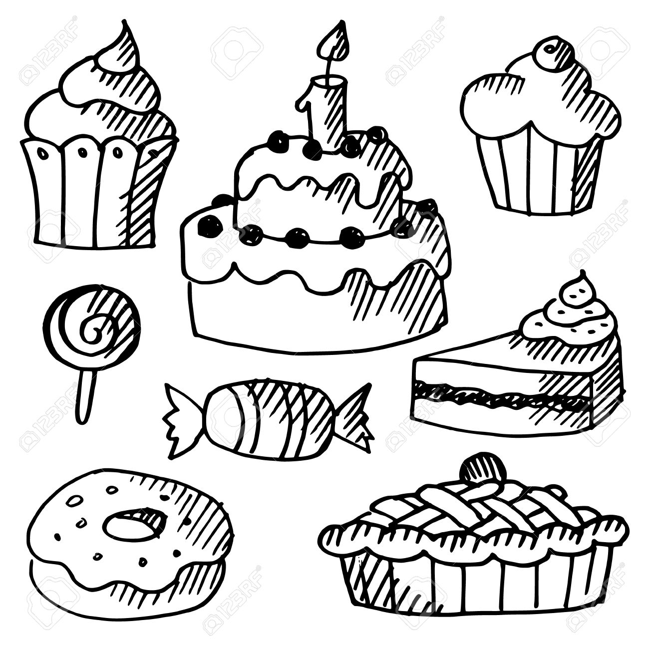 1300x1300 Set Of Various Sweets, Cakes And Cupcakes, Black Isolated Doodle