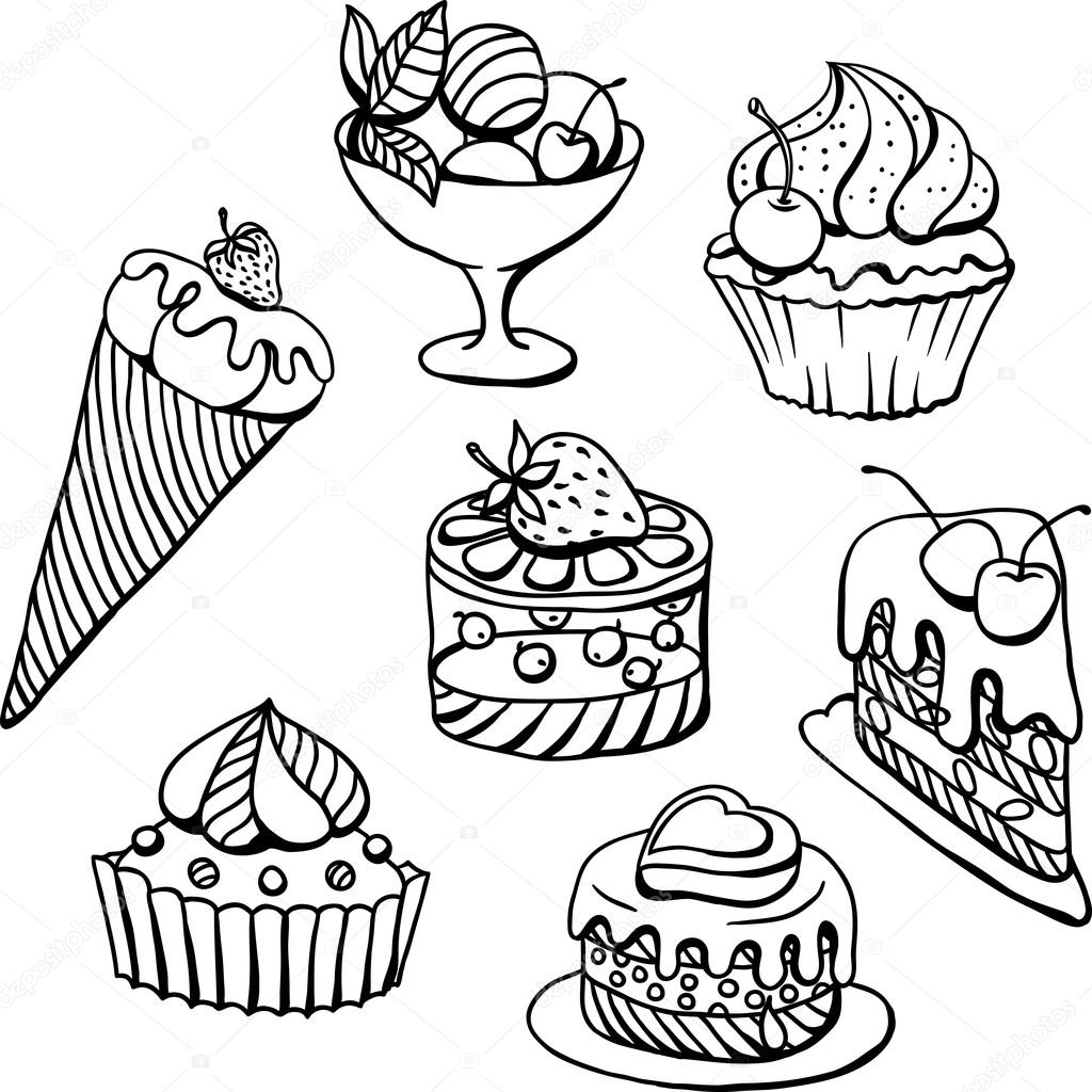 1024x1024 Vector Set Of Cakes In Black. Hand Drawn Illustration. Stock