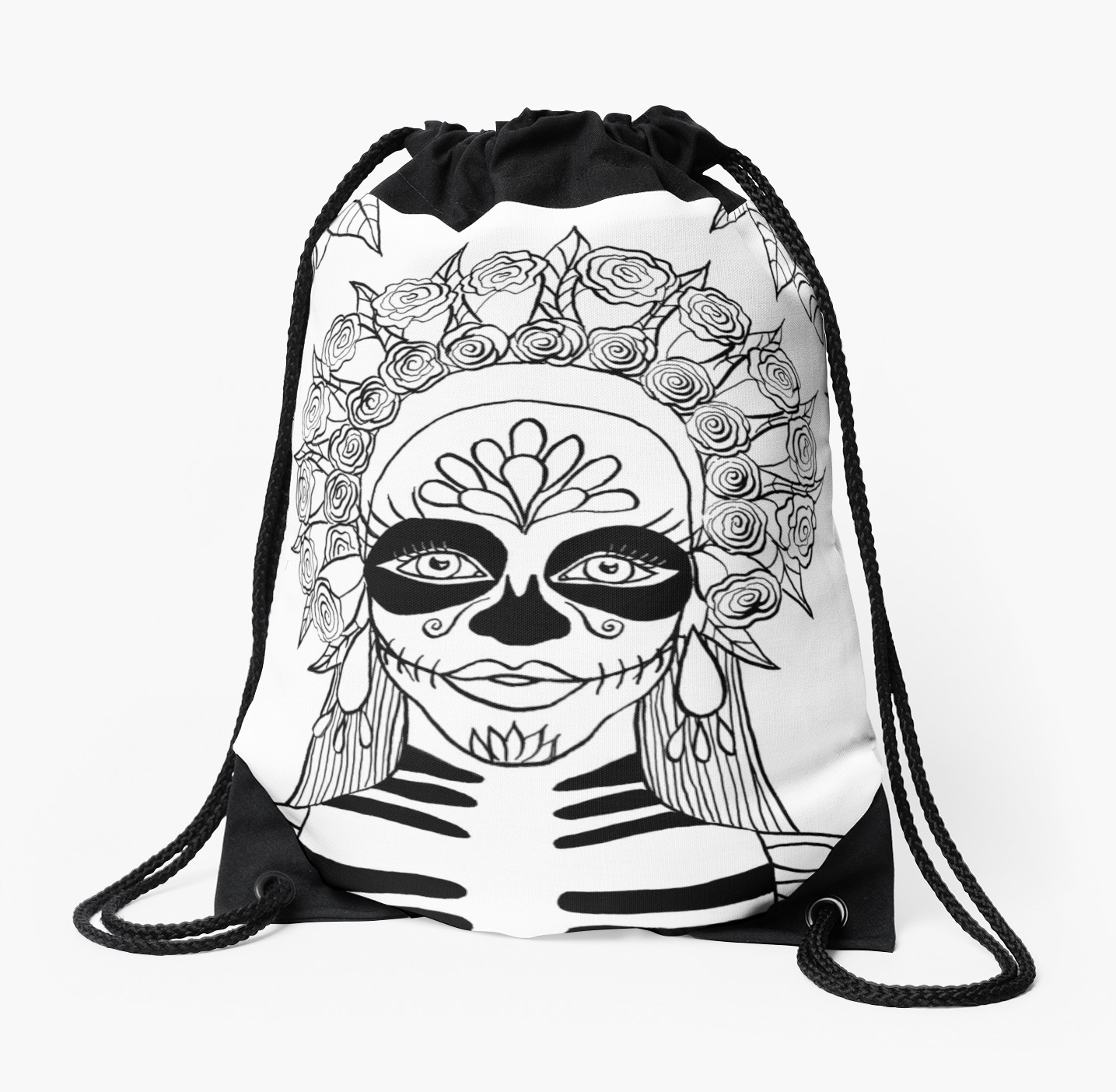 1435x1404 La Calavera Catrina Sugar Skull Ink Drawing Drawstring Bags By