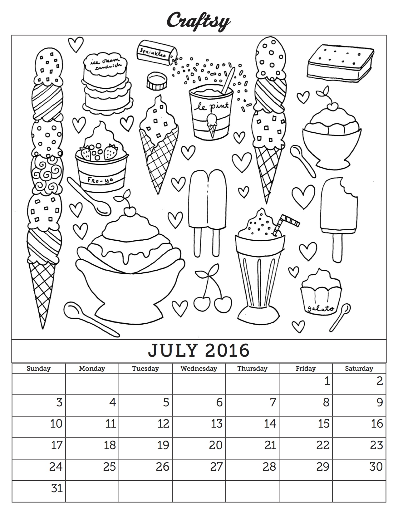 1275x1650 Craftsy's July 2016 Coloring Calendar Page