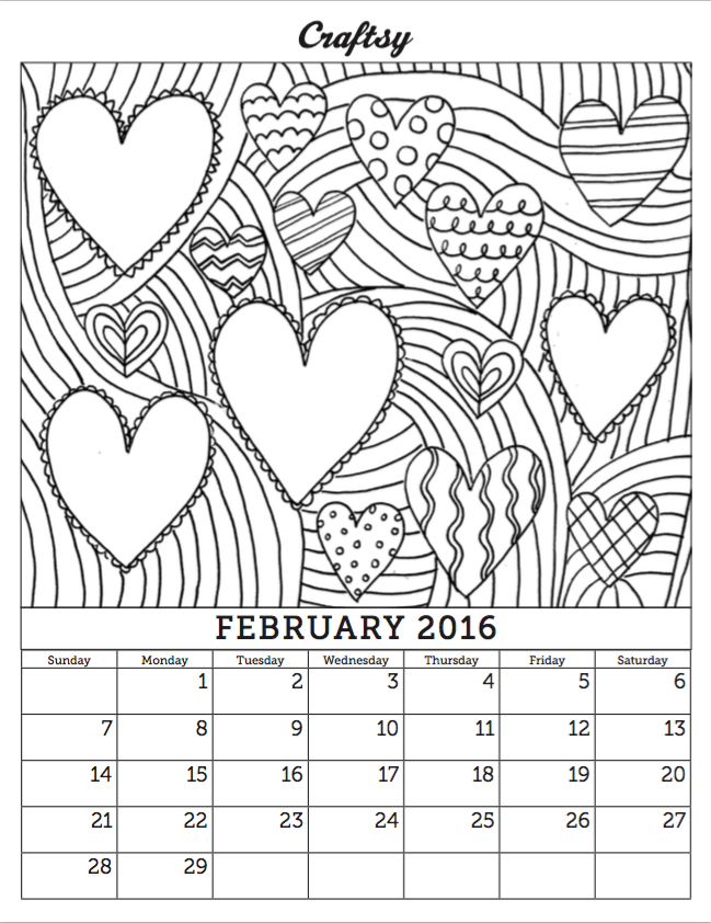 649x842 Free February 2016 Coloring Calendar Page Craft, Adult Coloring