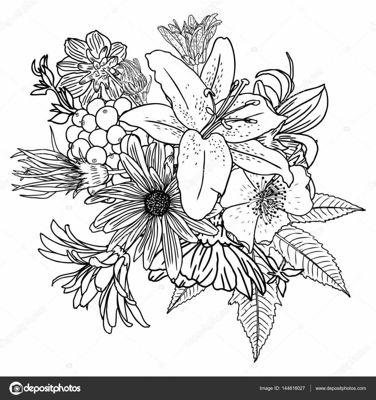1264x1343 Sketch Stock Vector Bouquet Bunch Of Flowers Drawing California