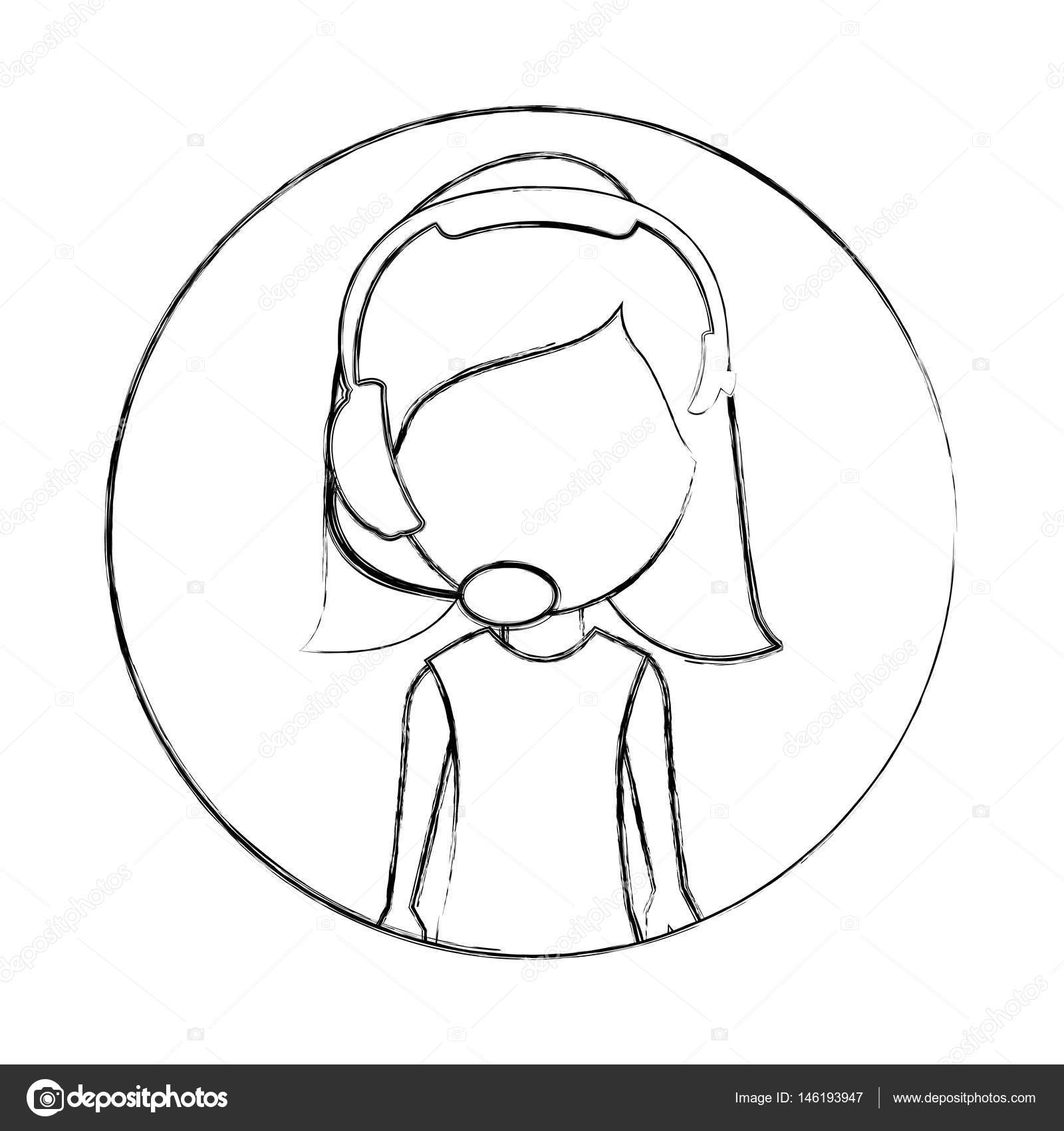 1600x1700 Monochrome Sketch Of Circular Frame With Woman Call Center Stock