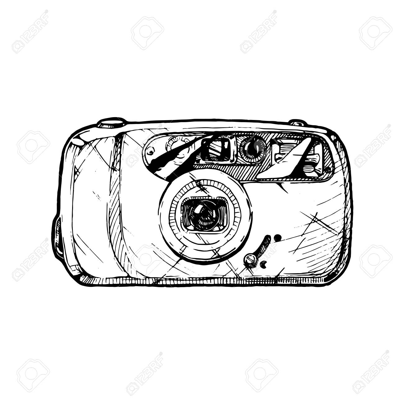 1300x1300 Film Point And Shoot Camera With Built In Flash. Vector Hand Drawn