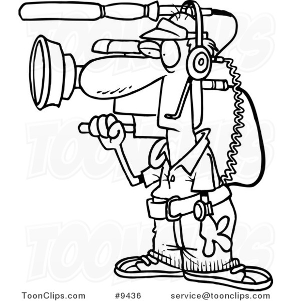 581x600 Cartoon Black And White Line Drawing Of A Working Camera Guy