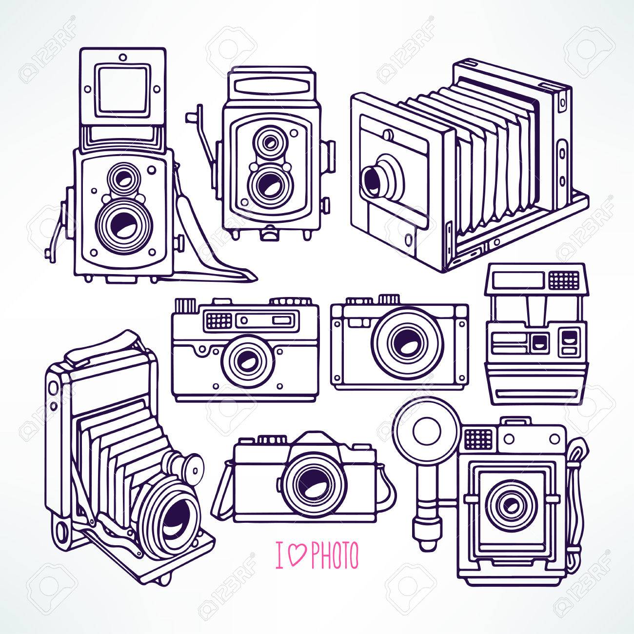 1300x1300 Set With Different Vintage Cameras. Hand Drawn Illustration