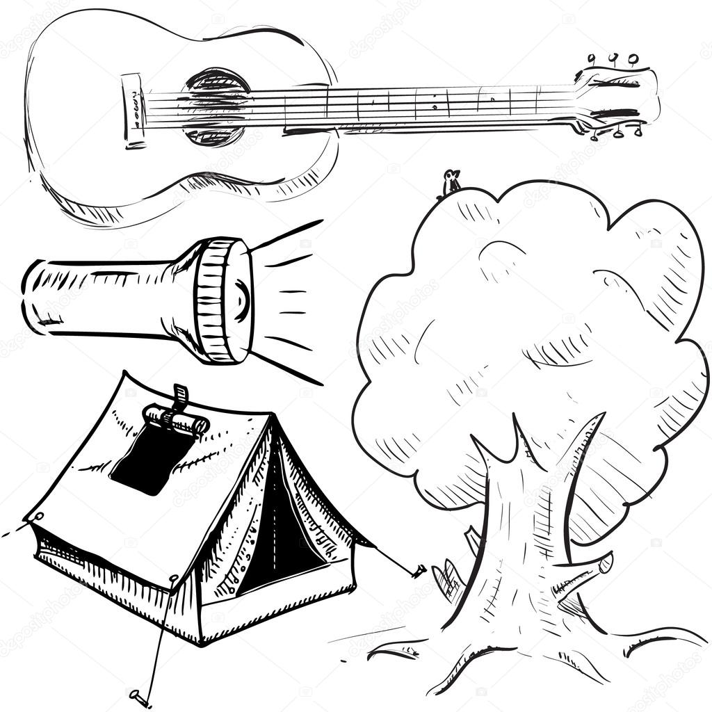 1024x1024 Camping Objects Collection. Hand Drawing Sketch Vector