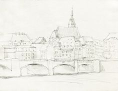 236x181 Berlin Canal, Watercolor Sketch, Original Drawing, Pencil