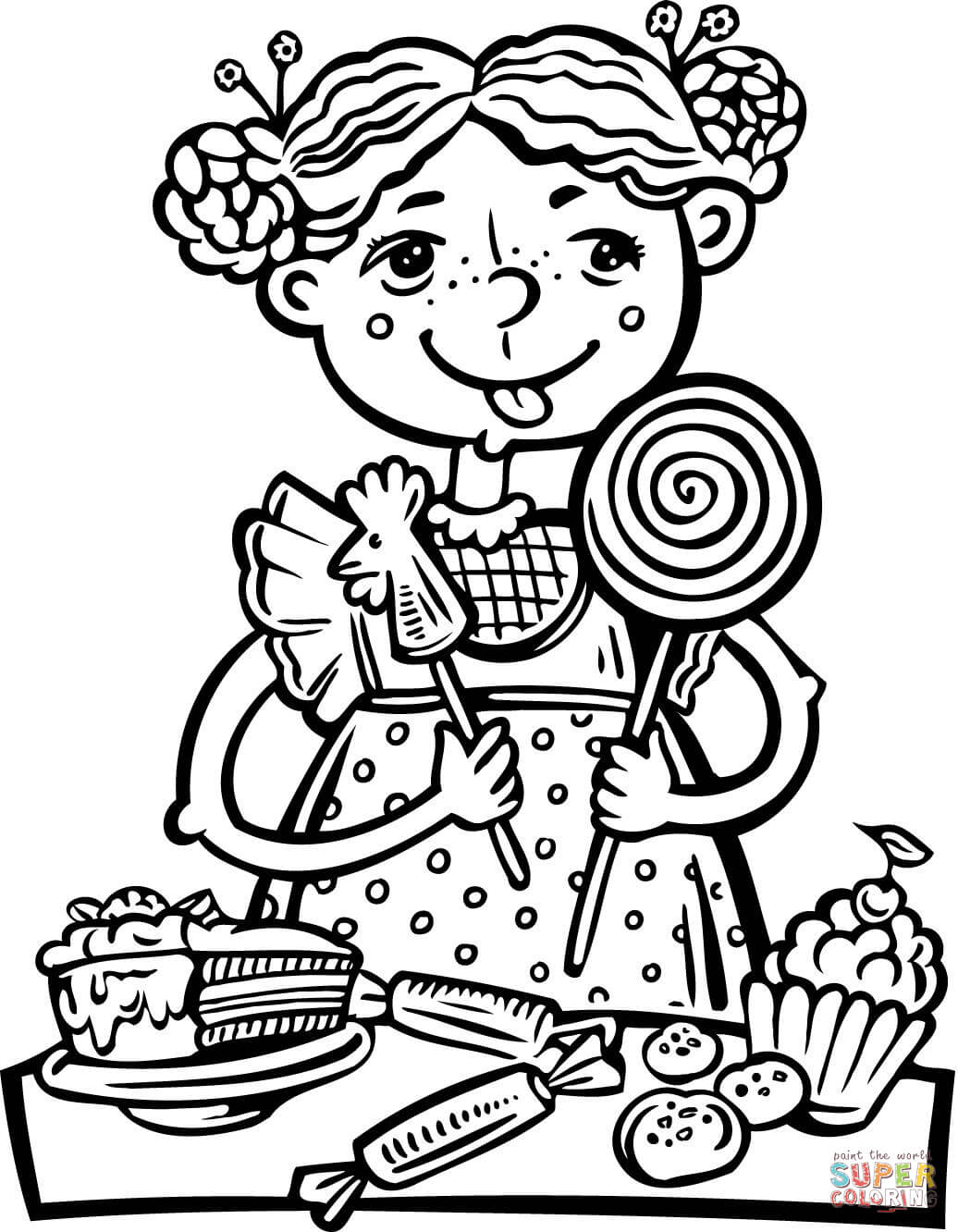 1036x1332 Girl Eating A Lot Of Candy And Snacks Coloring Page Free