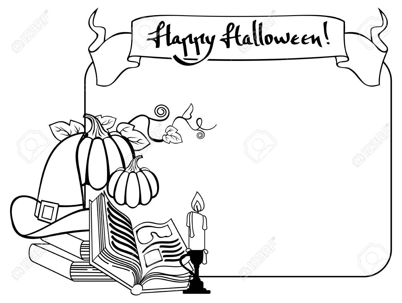 1300x980 Contour Halloween Frame With Witch Hat, Magician Books