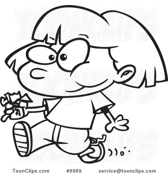 581x600 Cartoon Black And White Line Drawing Of A Girl Walking And Eating