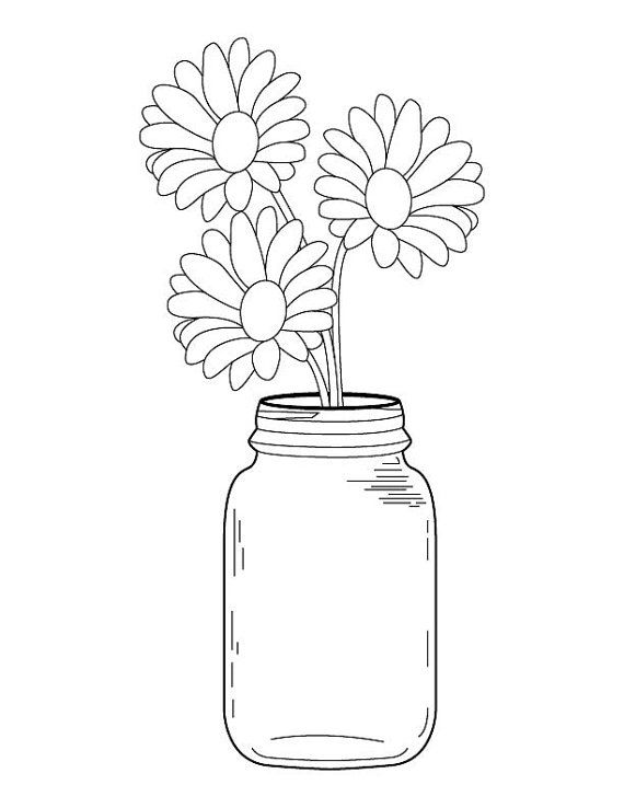 570x738 Mason Jar Daisy Bouquet Coloring Page Jar, Embroidery And Cross