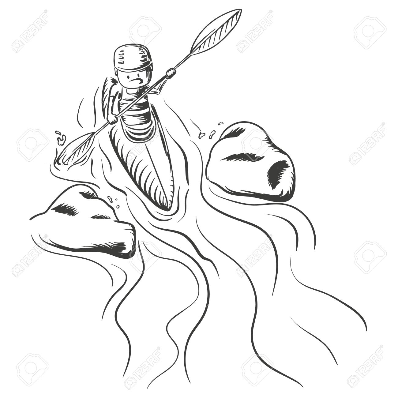 1300x1300 Hand Drawn Illustration Of Kayaking. A Man Going Down The River