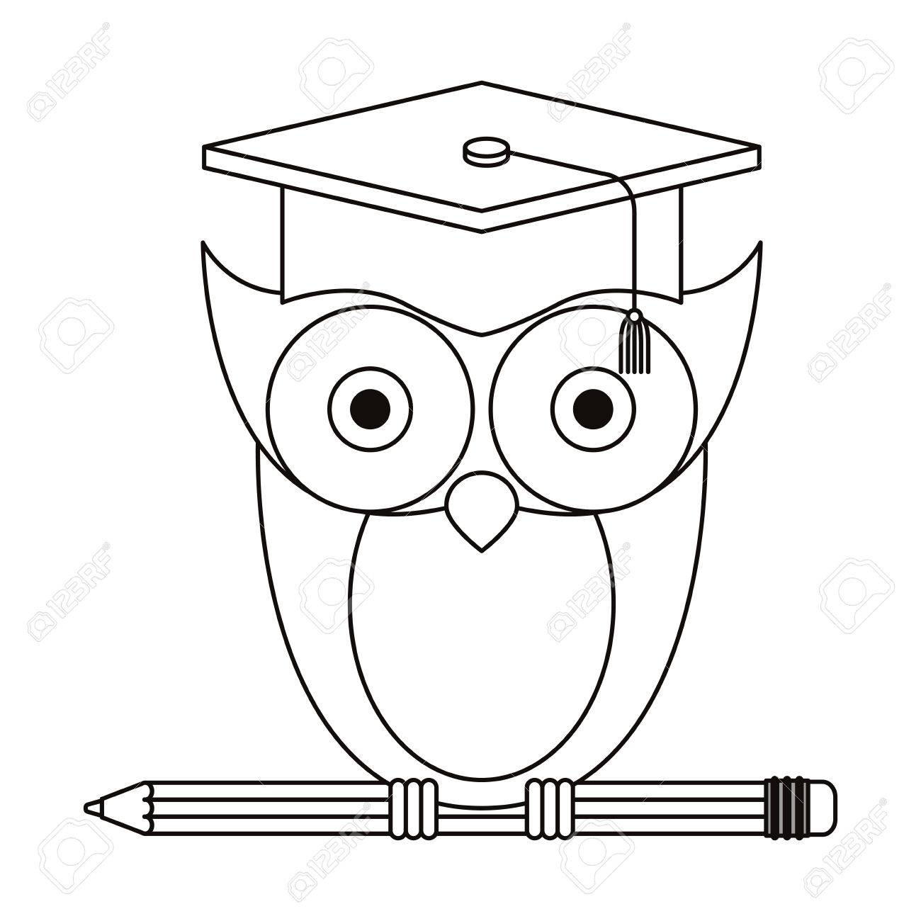 1300x1300 Sketch Silhouette Of Owl Knowledge With Cap Graduation On Pencil