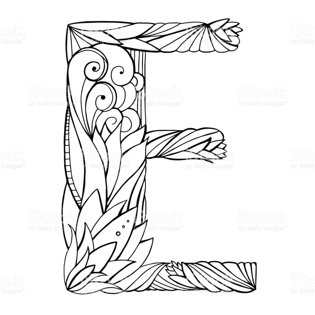 1024x1024 Black And White Freehand Drawing Capital Letter E With Floral