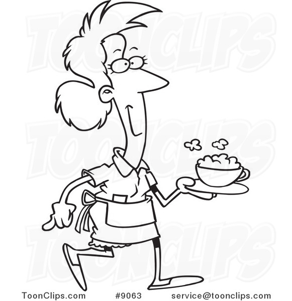 581x600 Cartoon Black And White Line Drawing Of A Waitress Serving