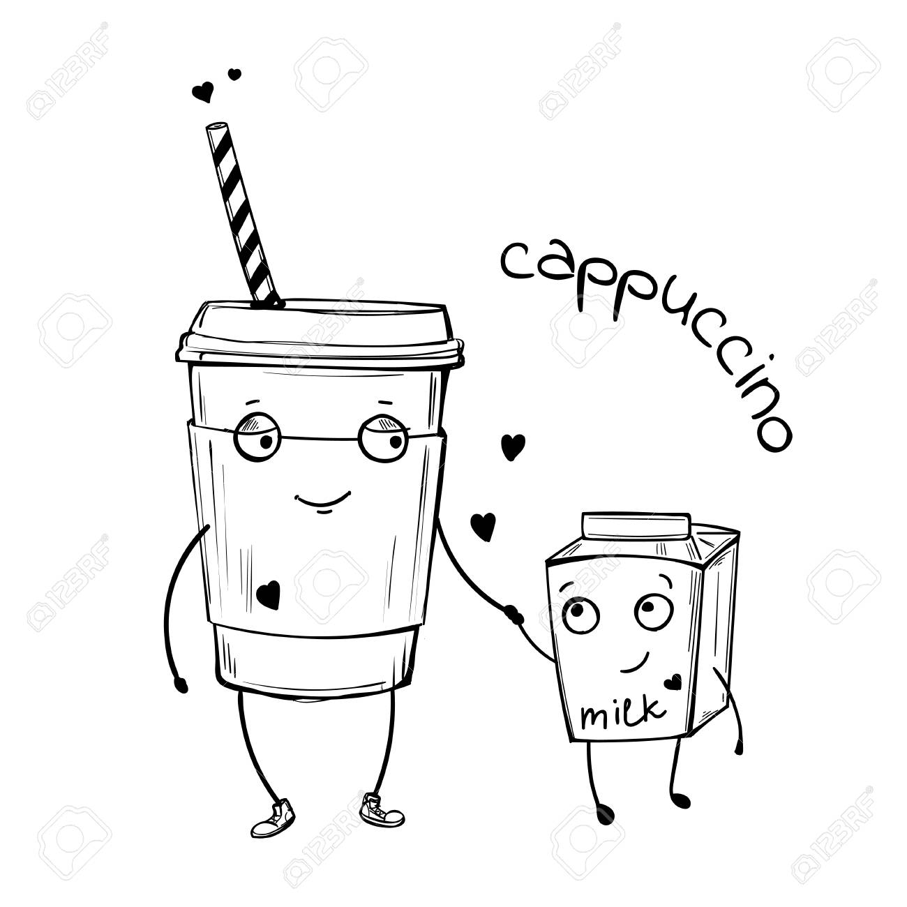 1300x1300 Vector Sketch Illustration Of Cappuccino And Milk Cute Characters
