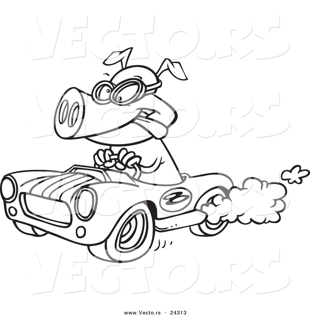 1024x1044 Vector Of A Cartoon Pig Racing A Hot Rod Black And White Outline