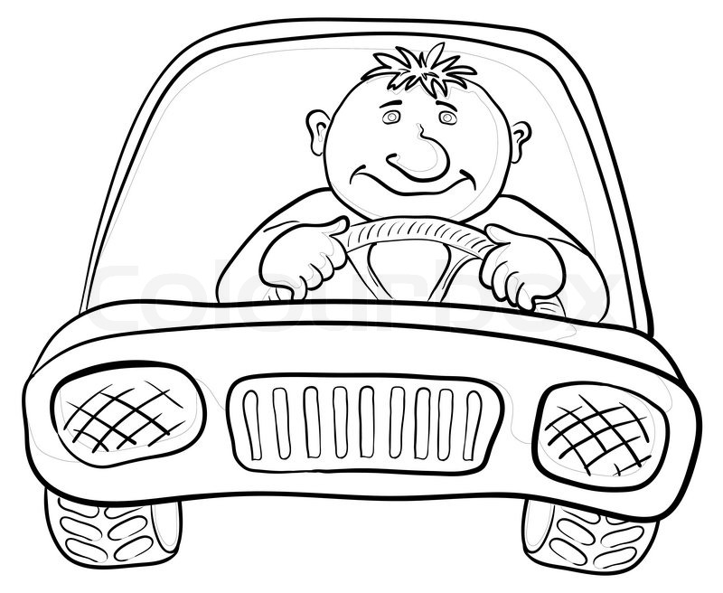 800x656 Cartoon, Car With A Man Driver, Contours On White Stock Photo
