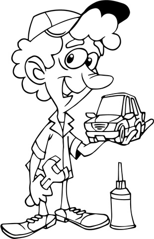 310x480 Cartoon Mechanic Holding Small Car Coloring Page Free Printable