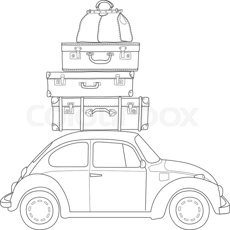 800x800 Auto Travel Retro Car With Luggage On The Roof. Hand Drawn Sketch