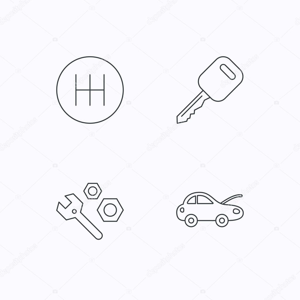 1024x1024 Car Key, Repair Tools And Manual Gearbox Icons. Stock Vector