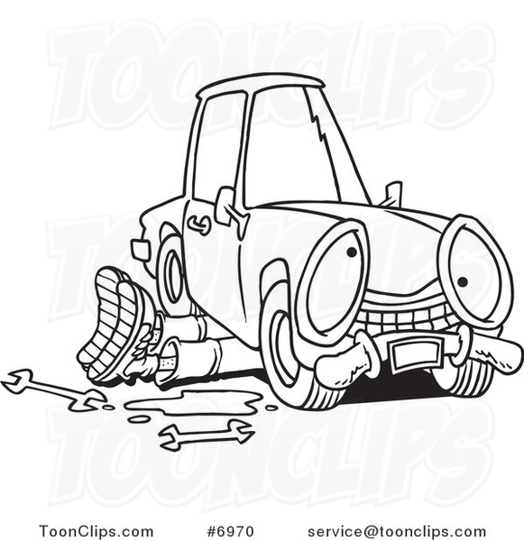 581x600 Cartoon Blacknd White Line Drawing Of Mechanic Working Under