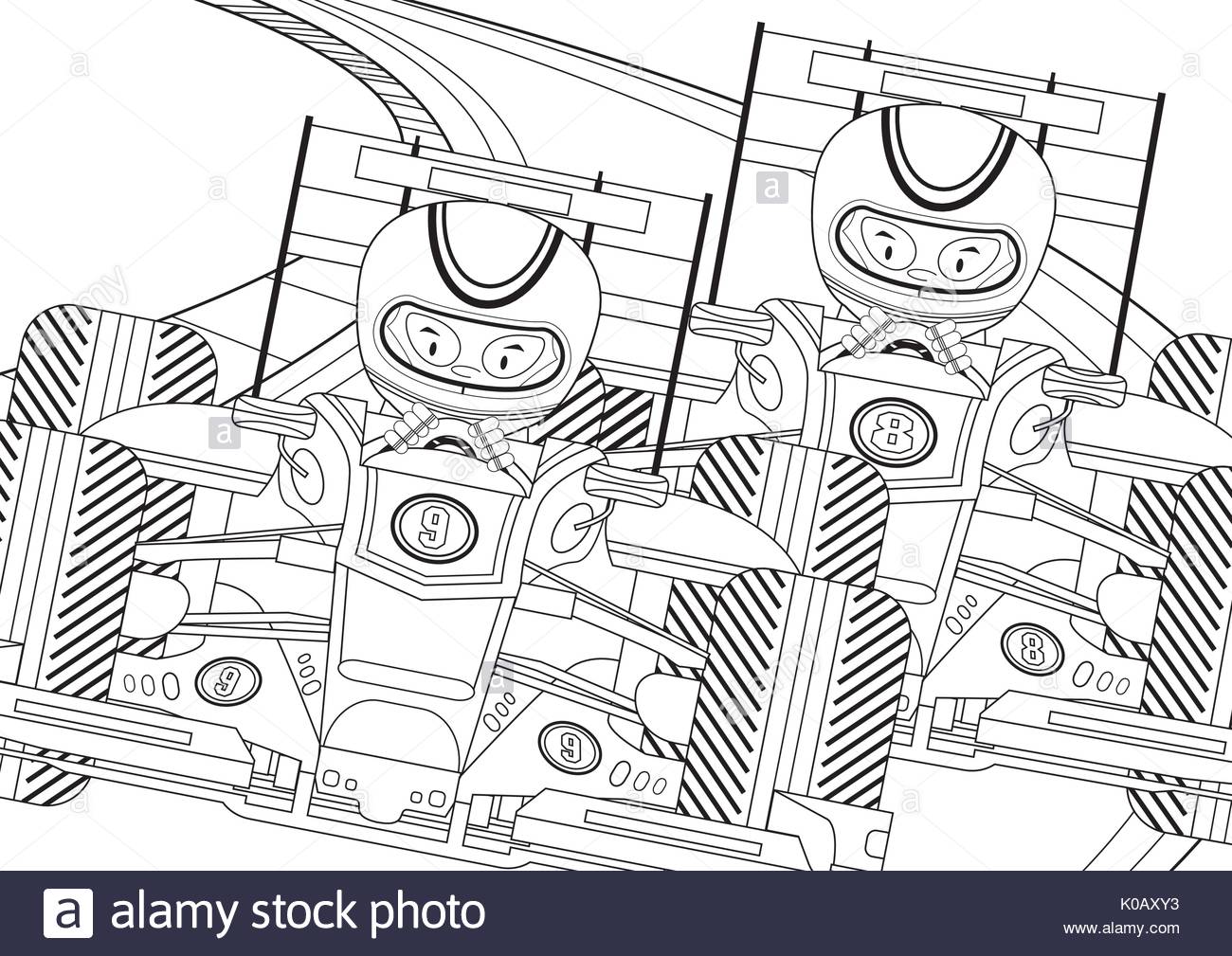 1300x1009 Cute Cartoon Motor Racing Driver And Sports Car Line Art Stock