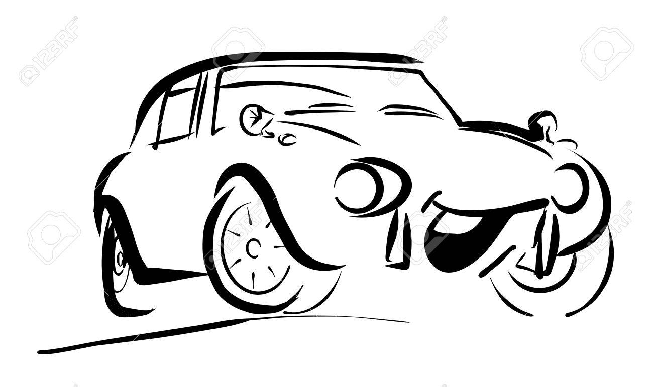 1300x771 Simple Sportive Smiling Comic Car. Hand Drawn Vector Outline