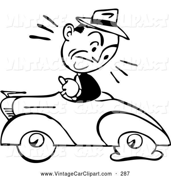 600x620 Clipart Of A Black And White Sketched Retro Man Driving A Car