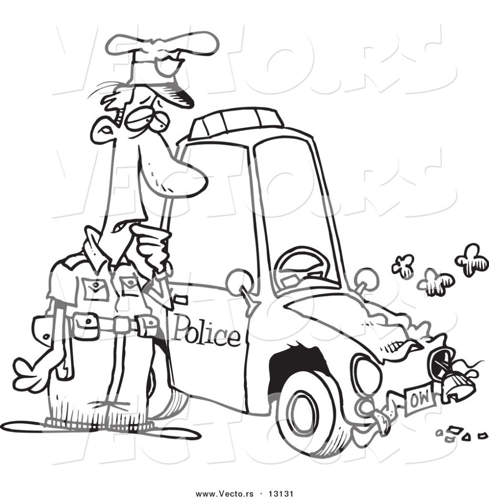 1004x1024 Vector Of A Cartoon Patrol Officer Staring At His Beat Up Car Car