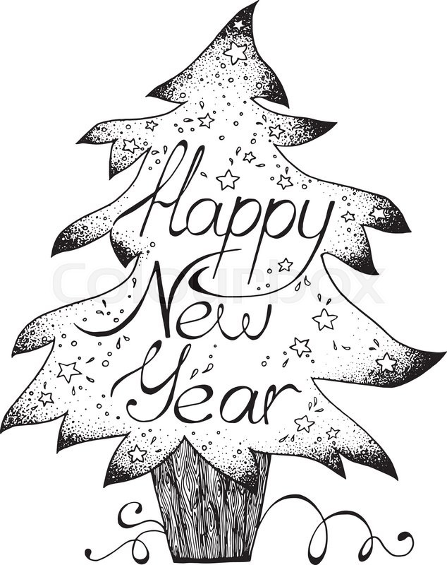 634x800 Hand Drawn Greetings Card Happy New Year, Black And White Graphic