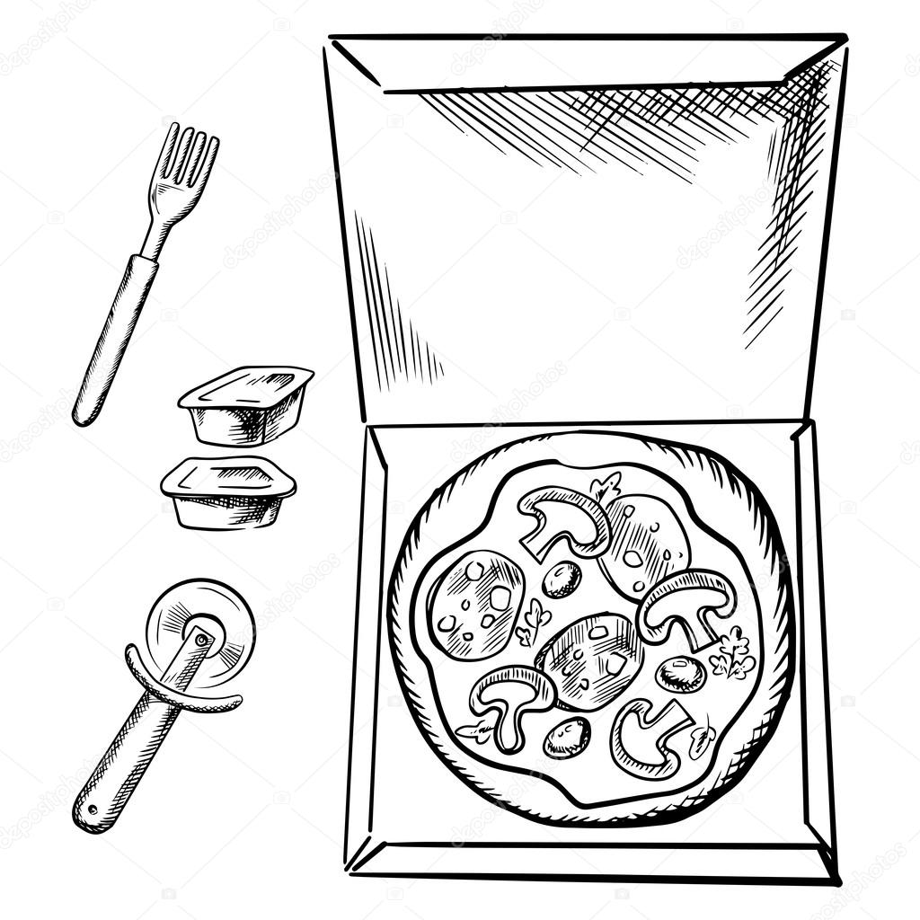 1024x1024 Pizza Box, Sauce Cups, Fork And Cutter Sketch Stock Vector