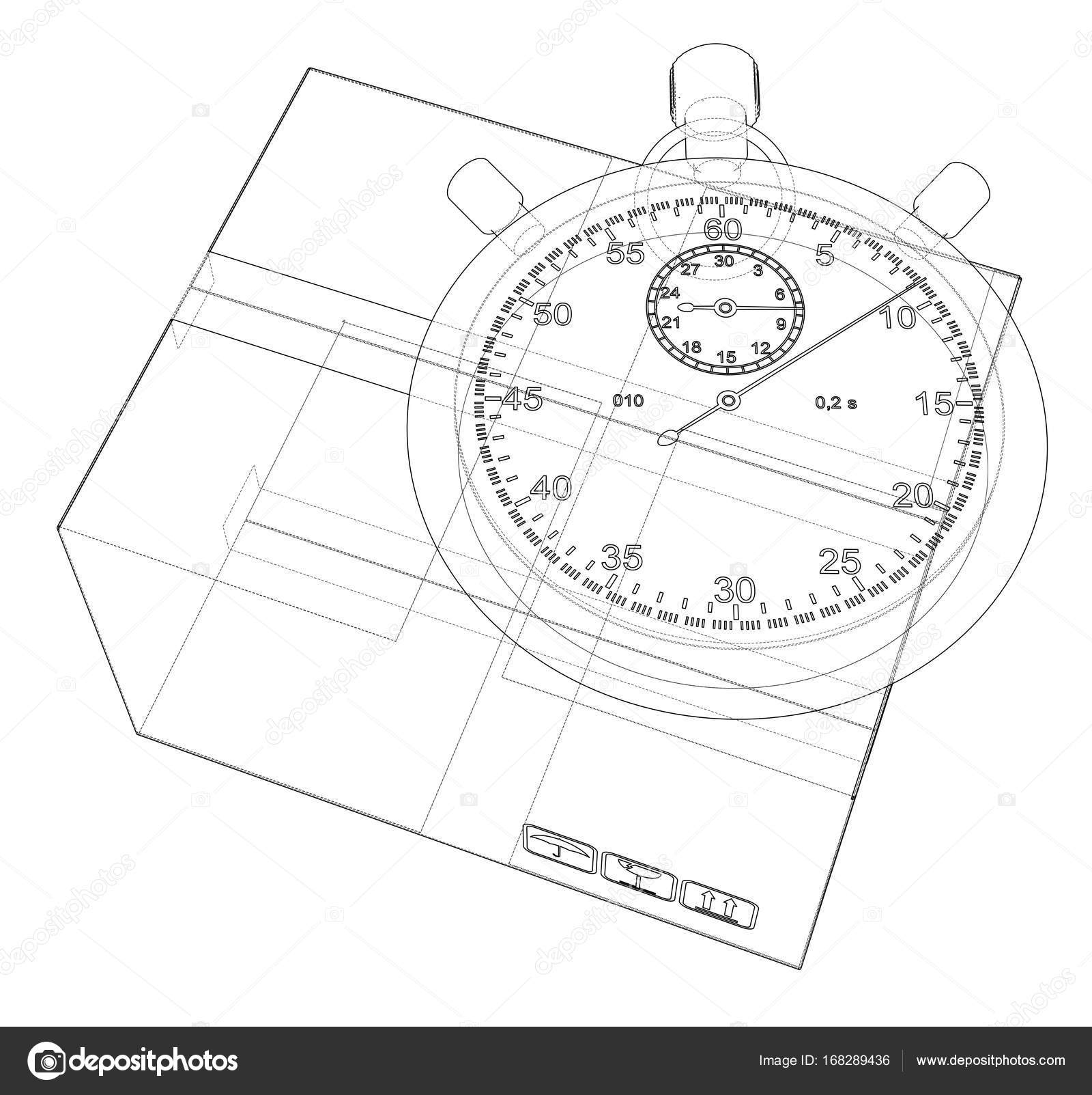 1600x1603 Stopwatch With Cardboard Box Sketch. Vector Stock Vector