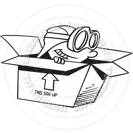 460x460 Cartoon Boy Flying A Cardboard Box (Black And White Line Art) By