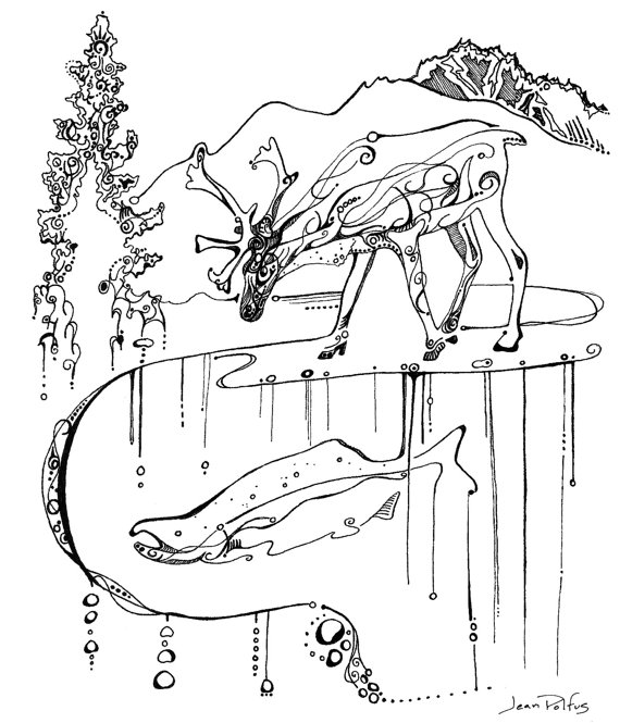 570x665 Caribou Salmon Illustration, Fine Line Artwork, Black