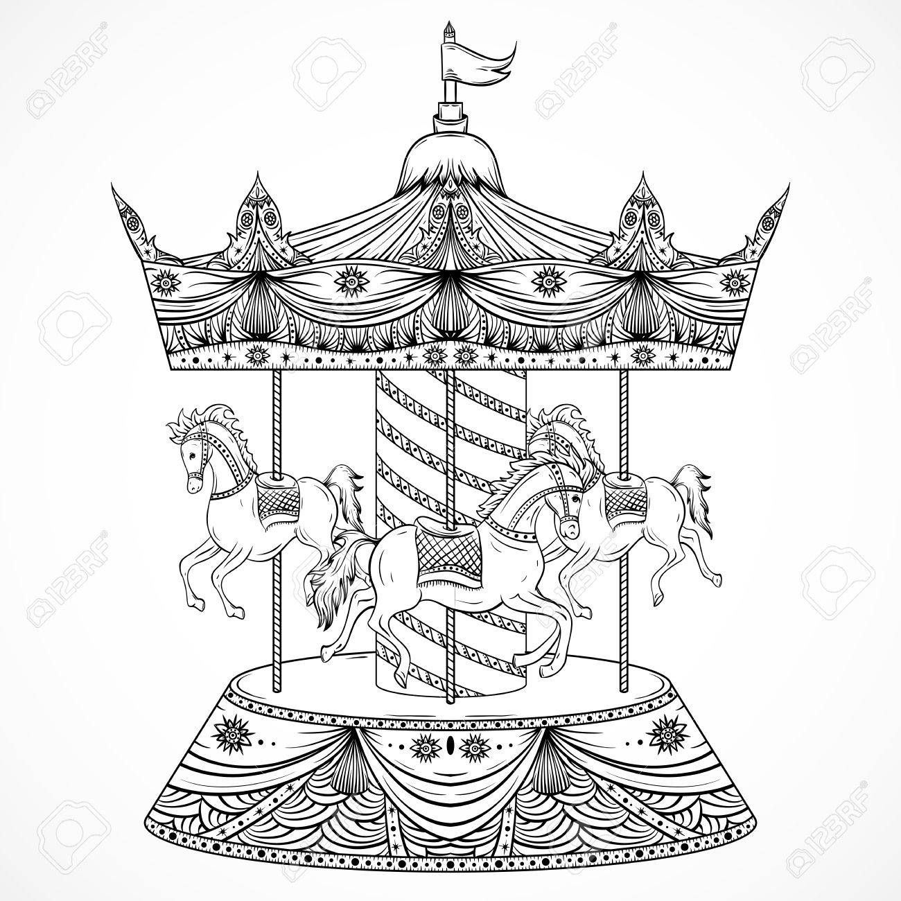 1300x1300 Vintage Carousel. Hand Drawn Vector Illustration Royalty Free