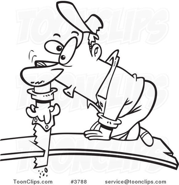 581x600 Cartoon Black And White Line Drawing Of A Bad Carpenter Cutting