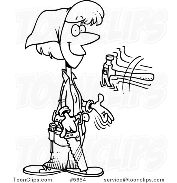 581x600 Cartoon Black And White Line Drawing Of A Female Carpenter Holding