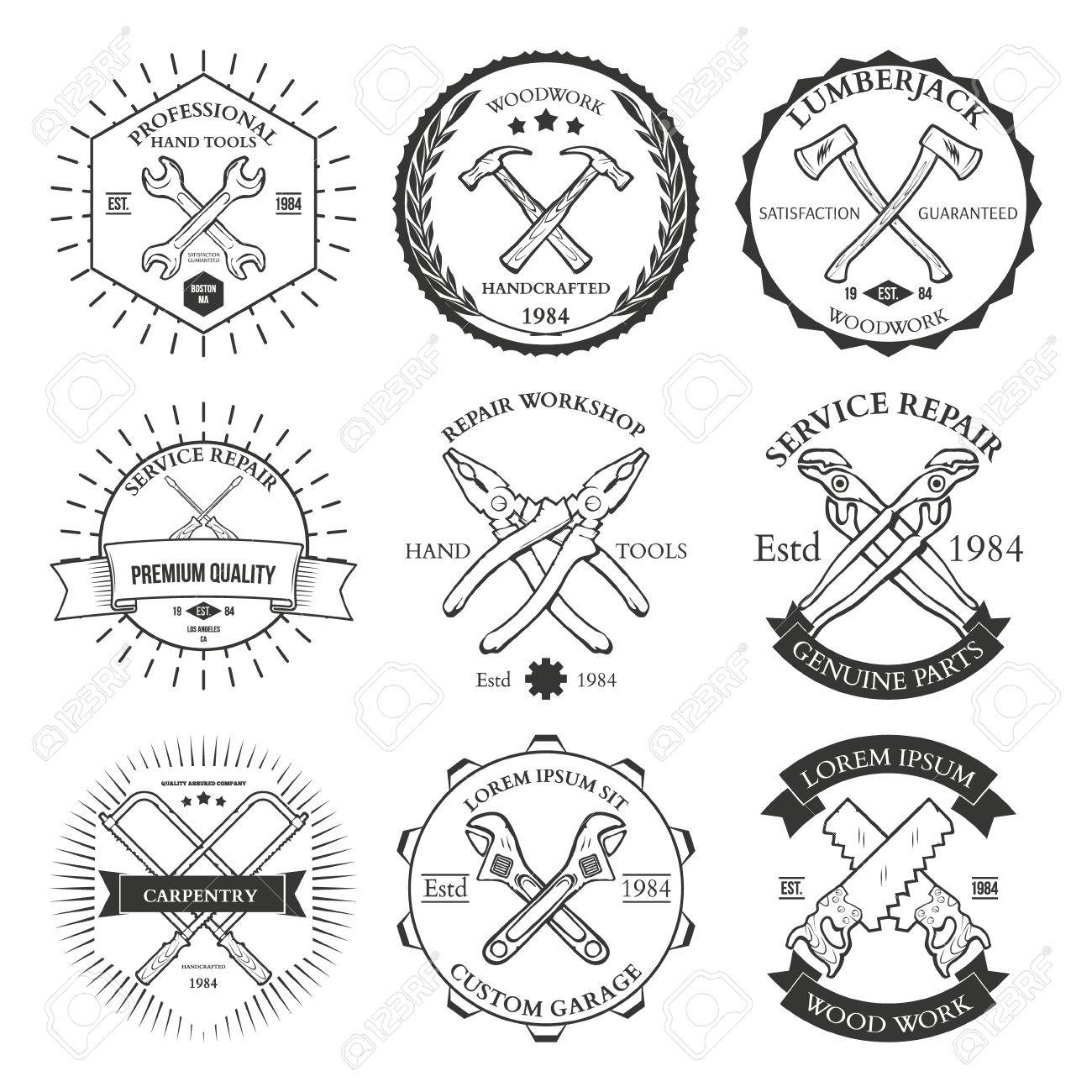 1300x1300 Set Of Vintage Carpentry Hand Tools, Repair Service, Labels