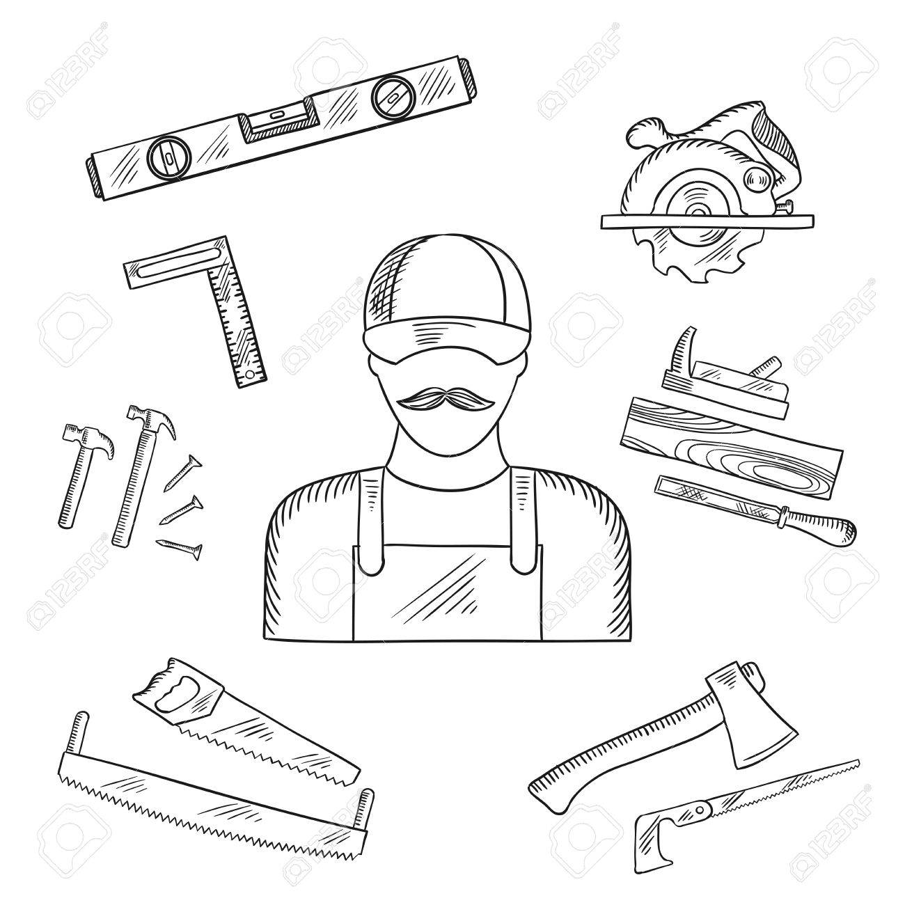 1300x1300 Carpenter And Toolbox Tools Sketches With Hammer, File, Axe