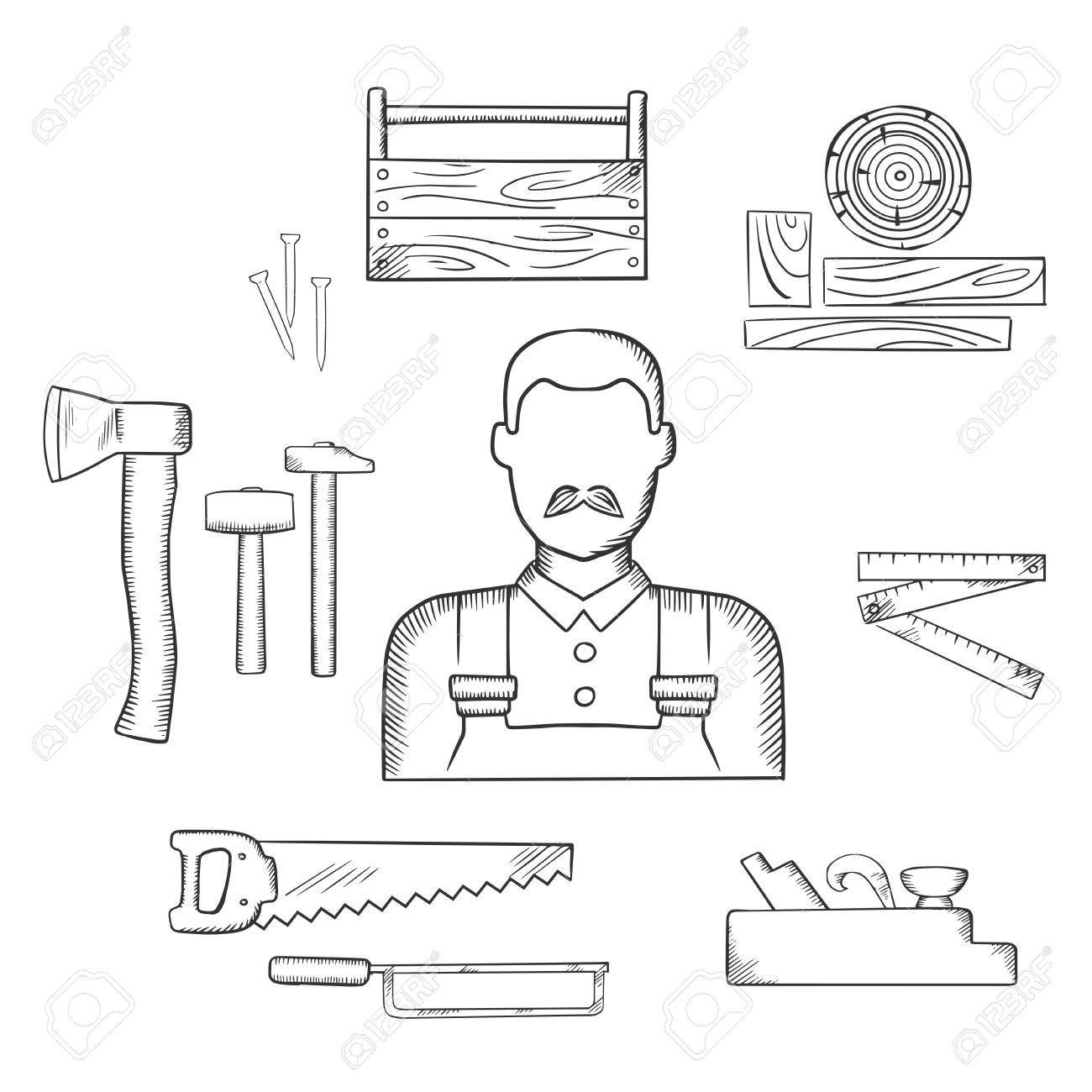 1300x1300 Carpenter Profession Sketch Icons With Moustached Man, Timber