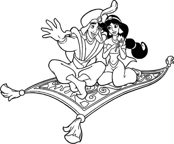 600x497 Aladdin And Jasmine Riding The Magic Carpet Coloring Page