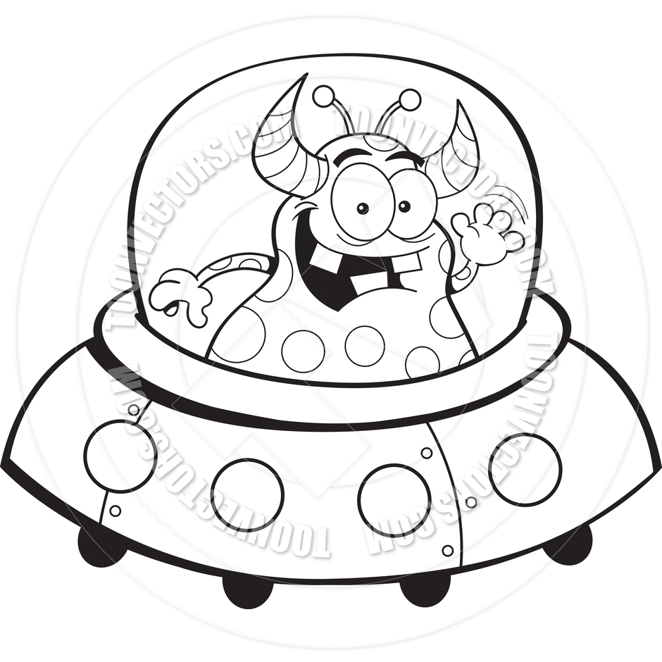 940x940 Cartoon Alien Spacecraft (Black And White Line Art) By Kenbenner
