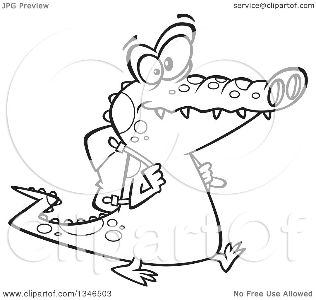 1080x1024 Lineart Clipart Of A Cartoon Black And White Student Alligator