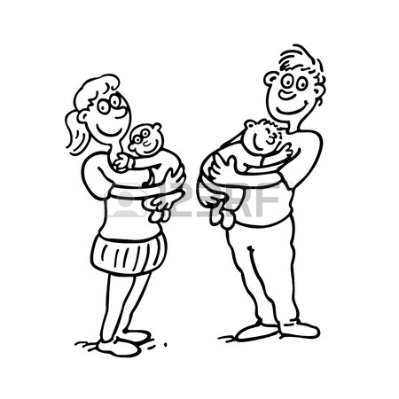 450x450 Mom Dad Hold Baby. Outlined Cartoon Drawing Sketch Illustration